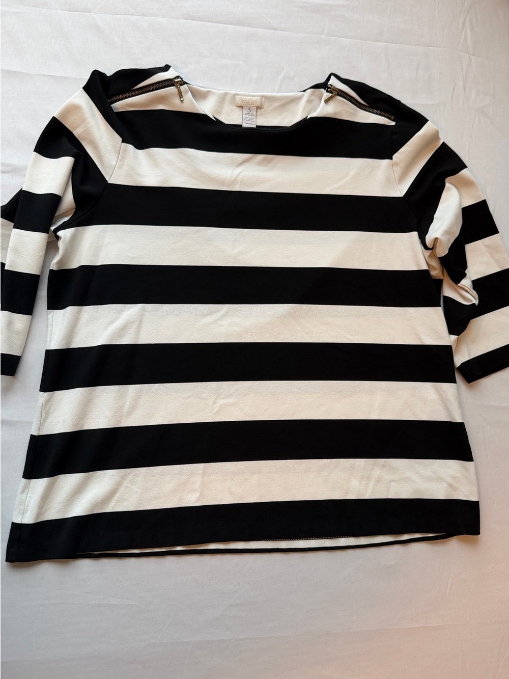 Chico's Black and White Striped Boatneck Top with Shoulder Zips